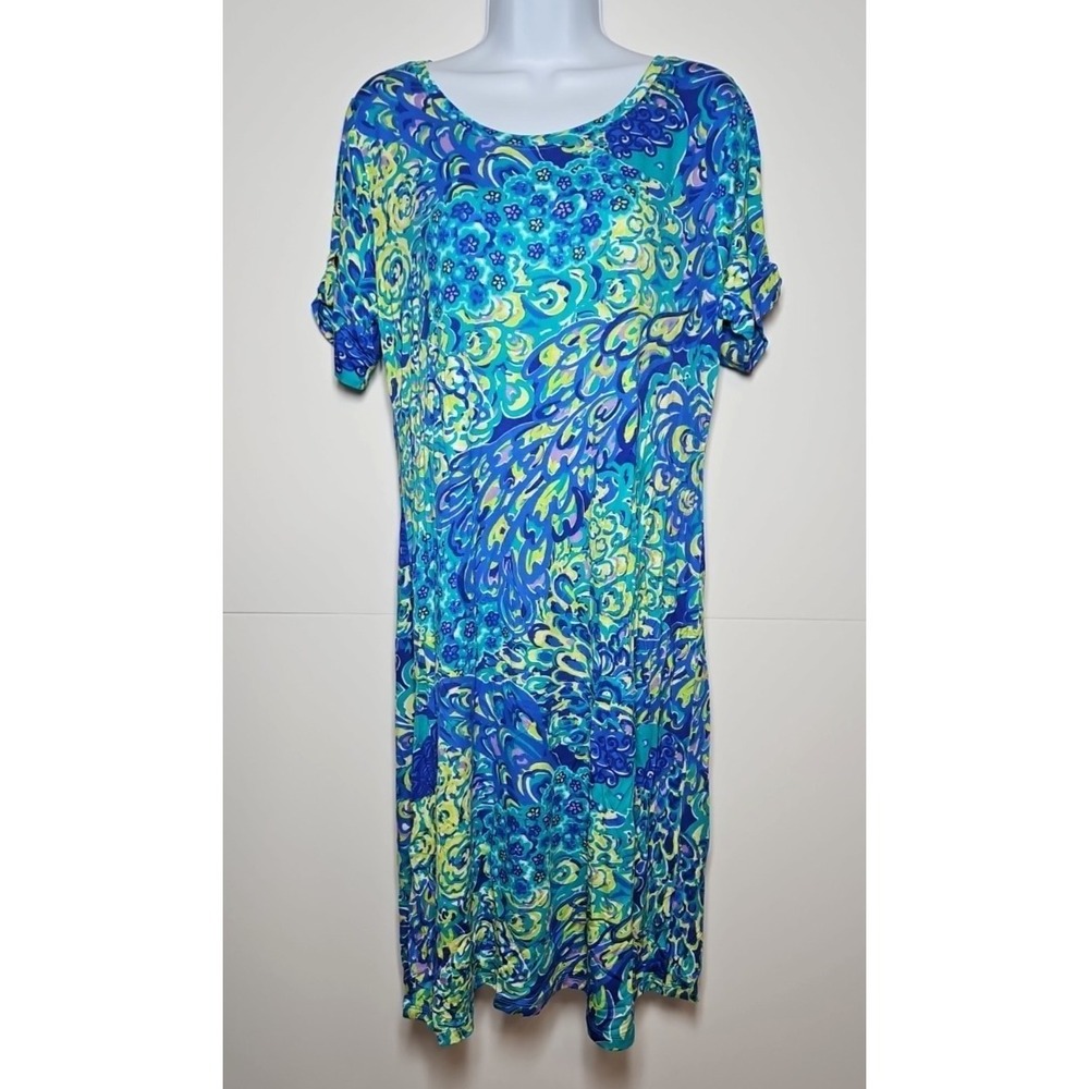 Philosophy Women's Blue Green Floral Short Sleeve Shift Dress Size Large NWT